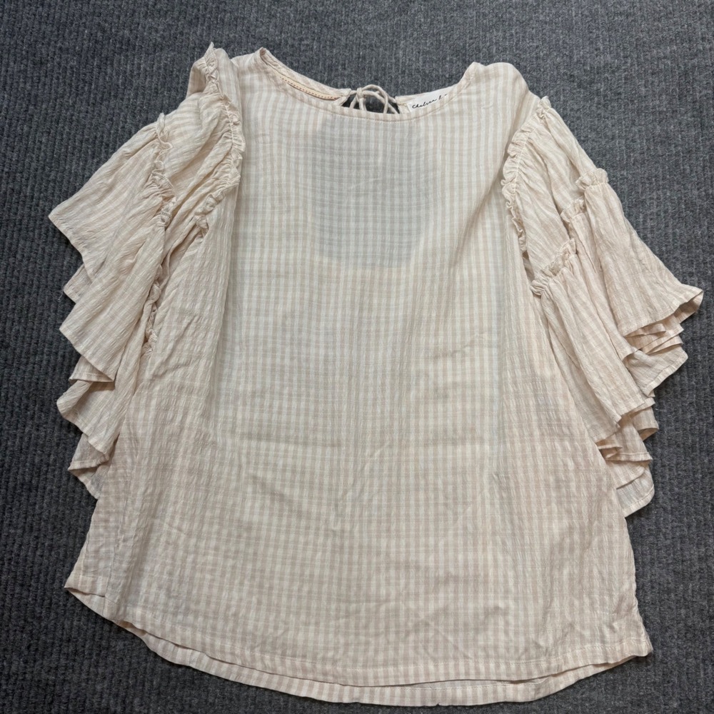 Chelsea & Theodore Striped Blouse Womens Small Taupe White Ruffle Sleeve‎ Top